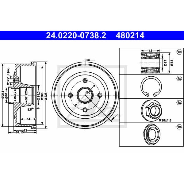 Слика на Сопирачки барабан ATE 24.0220-0738.2 за Opel Tigra TwinTop 1.8 - 125 коњи бензин