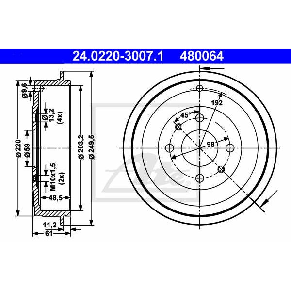 Слика на Сопирачки барабан ATE 24.0220-3007.1 за Alfa Romeo 146 (930) Sedan 1.9 JTD - 105 коњи дизел