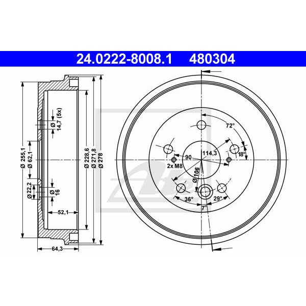 Слика на Сопирачки барабан ATE 24.0222-8008.1 за Toyota RAV4 (SXA1) 2.0 4WD - 129 коњи бензин