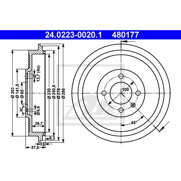 Слика на Сопирачки барабан ATE 24.0223-0020.1 за VW Caddy 2 Box (9K9A) 1.9 SDI - 64 коњи дизел