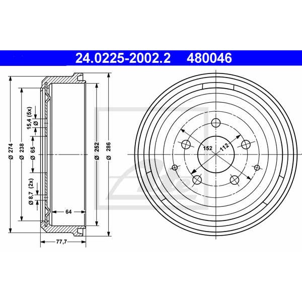 Слика на Сопирачки барабан ATE 24.0225-2002.2 за VW Transporter T3 Box 1.9 - 60 коњи бензин