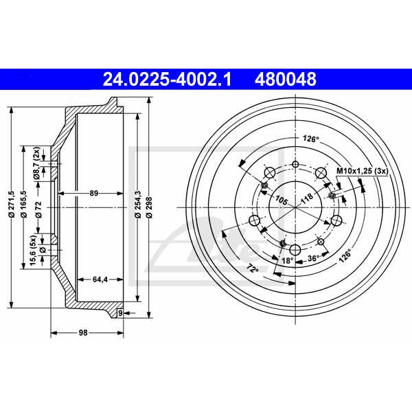 Слика на Сопирачки барабан ATE 24.0225-4002.1 за Fiat Ducato BOX 230L 2.5 TDI 4x4 - 116 коњи дизел