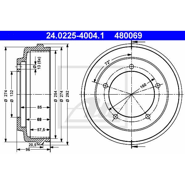 Слика на Сопирачки барабан ATE 24.0225-4004.1 за Ford Transit BUS (E) 1991 2.0 i (EBL, EDL, EGL, ESS, EUS) - 98 коњи бензин