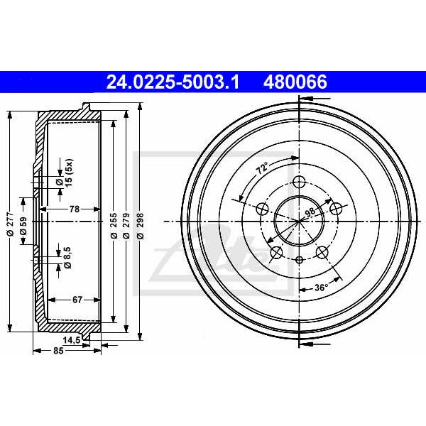 Слика на Сопирачки барабан ATE 24.0225-5003.1 за Peugeot 806 1.8 - 99 коњи бензин