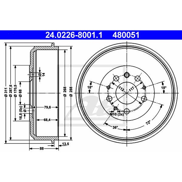 Слика на Сопирачки барабан ATE 24.0226-8001.1 за VW Transporter T4 Bus 1.9 D - 60 коњи дизел