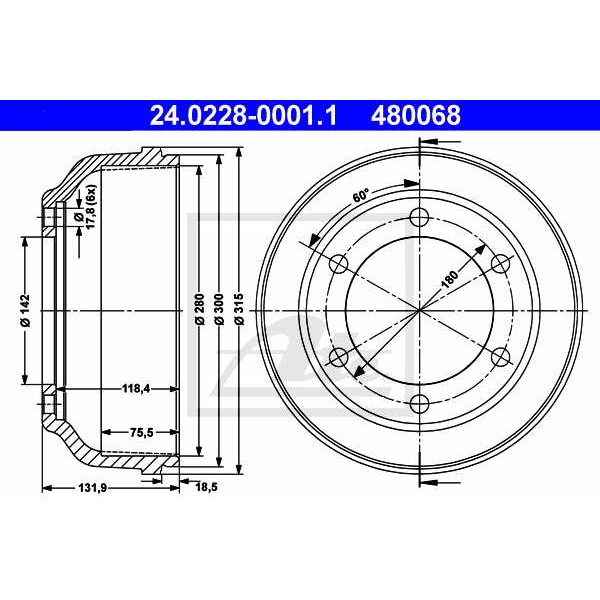 Слика на Сопирачки барабан ATE 24.0228-0001.1 за Ford Transit BUS (E) 1991 2.0 i (EBL, EDL, EGL, ESS, EUS) - 98 коњи бензин