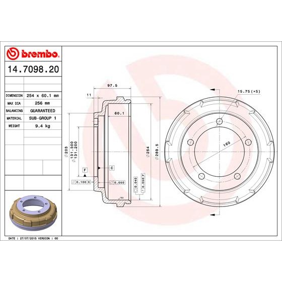 Слика на Сопирачки барабан BREMBO 14.7098.20 за Ford Transit BOX 3.2 TDCi - 200 коњи дизел