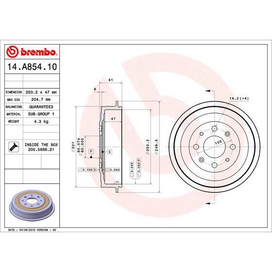 Слика на Сопирачки барабан BREMBO 14.A854.10 за Opel Adam 1.0 - 90 коњи бензин