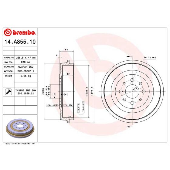 Слика на Сопирачки барабан BREMBO 14.A855.10 за Opel Adam 1.4 - 87 коњи бензин