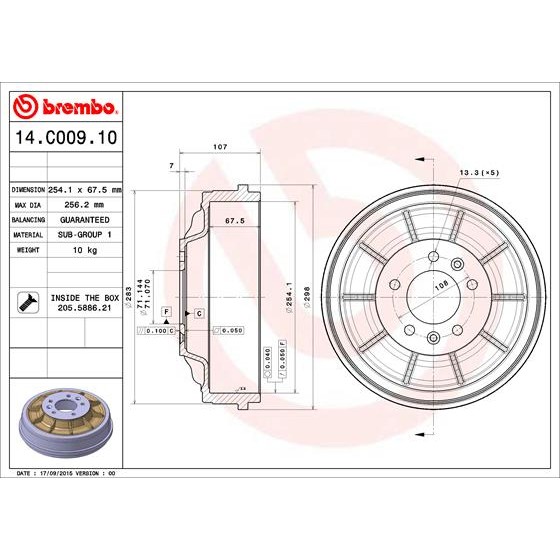 Слика на Сопирачки барабан BREMBO 14.C009.10 за Fiat Scudo 270 2.0 D Multijet - 163 коњи дизел