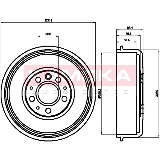 Слика на Сопирачки барабан KAMOKA  104009 за VW Transporter T4 Bus 2.4 D Syncro - 78 коњи дизел