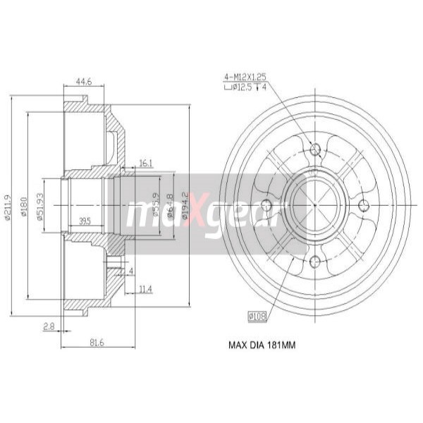 Слика на Сопирачки барабан MAXGEAR 19-0829 за Citroen ZX Break N2 1.5 D - 57 коњи дизел