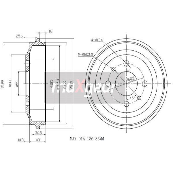 Слика на Сопирачки барабан MAXGEAR 19-0832 за Fiat Cinquecento 170 0.9 (170AB) - 41 коњи бензин