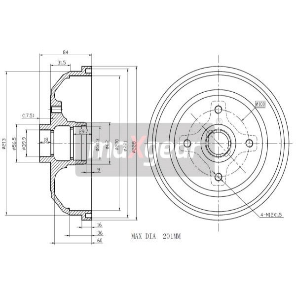 Слика на Сопирачки барабан MAXGEAR 19-0834 за Opel Vita B 1.5 D - 50 коњи дизел