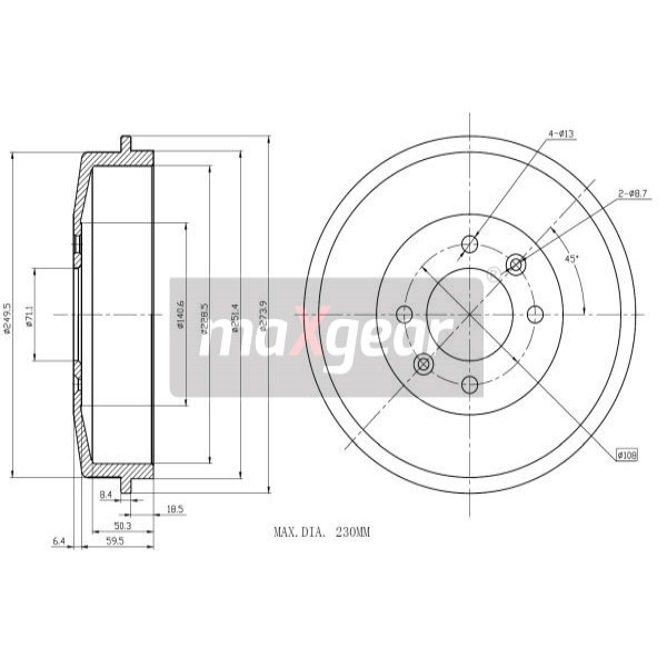 Слика на Сопирачки барабан MAXGEAR 19-0836 за Citroen Xsara Break N2 1.8 i Aut. - 101 коњи бензин