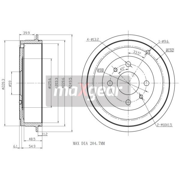 Слика на Сопирачки барабан MAXGEAR 19-1029 за Fiat Marea 185 1.2 16V - 82 коњи бензин