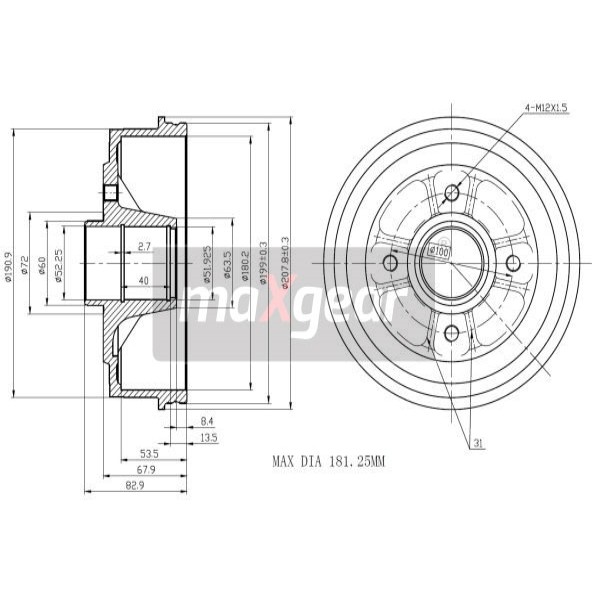 Слика на Сопирачки барабан MAXGEAR 19-1030 за Renault Clio 2 1.2 (BB0A, BB0F, BB10, BB1K, BB28, BB2D, BB2H, CB0A...) - 58 коњи бензин