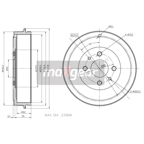 Слика на Сопирачки барабан MAXGEAR 19-1064 за Fiat Multipla 186 1.6 16V Bipower (186AXC1A) - 103 коњи Бензин/Метан (CNG)