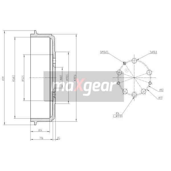 Слика на Сопирачки барабан MAXGEAR 19-1341 за VW Transporter T4 Bus 2.5  Syncro - 110 коњи бензин