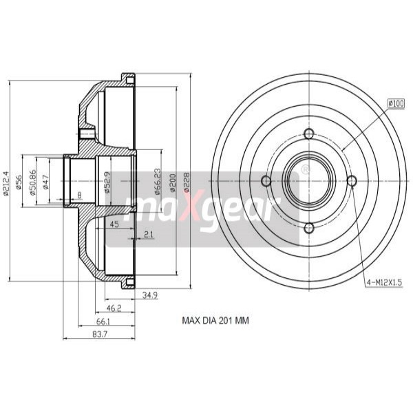 Слика на Сопирачки барабан MAXGEAR 19-2180 за Opel Vita C 1.7 DI - 65 коњи дизел