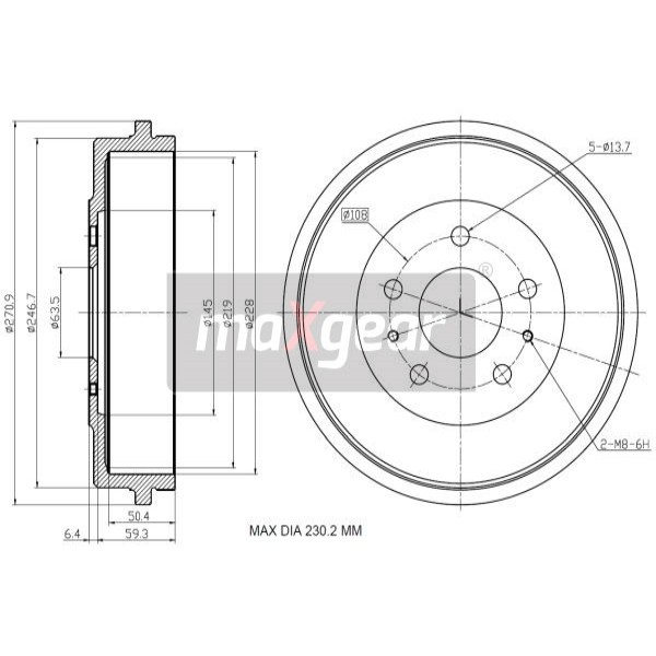 Слика на Сопирачки барабан MAXGEAR 19-3205 за Ford Focus 2 Estate (daw) 1.6 TDCi - 90 коњи дизел