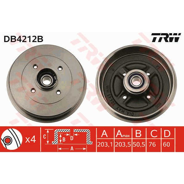 Слика на Сопирачки барабан TRW DB4212B за Nissan Kubistar Box dCi 85 - 84 коњи дизел