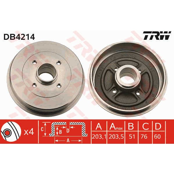 Слика на Сопирачки барабан TRW DB4214 за Renault Megane 1 (BA0-1) 1.4 16V (BA0D, BA1H, BA0W, BA10) - 95 коњи бензин