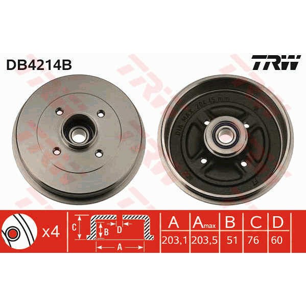 Слика на Сопирачки барабан TRW DB4214B за Renault Megane 1 (BA0-1) 1.9 dTi (BA08, BA0N) - 98 коњи дизел