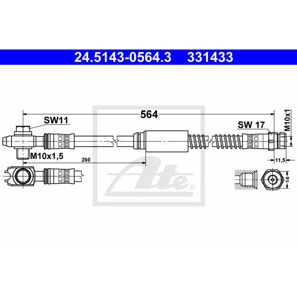 Слика на црево за кочница ATE 24.5143-0564.3 за VW Caddy 3 Estate 1.2 TSI - 105 коњи бензин