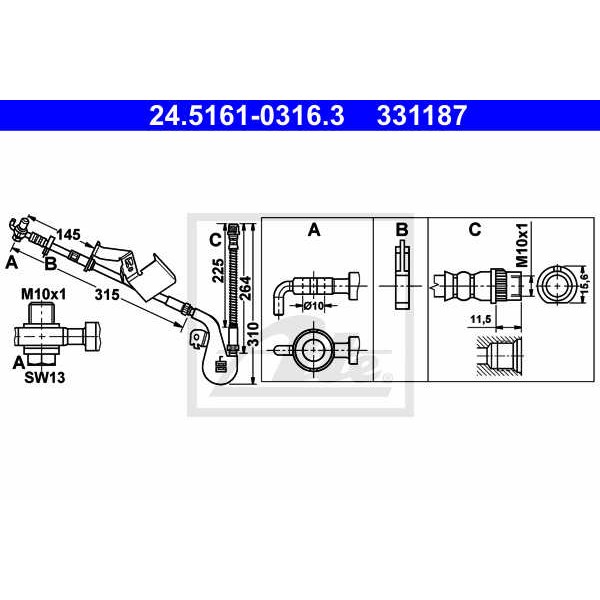 Слика на црево за кочница ATE 24.5161-0316.3 за Peugeot 407 Saloon 2.0 16V - 140 коњи бензин